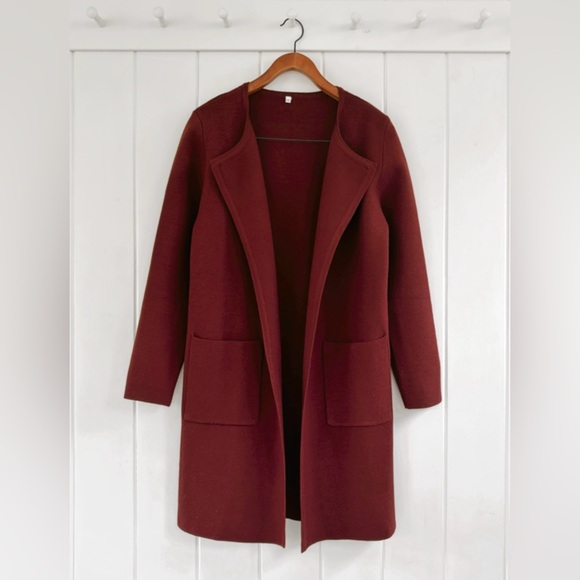 Maroon Burgundy Cardigan Lapel Sweater Long Line Minimal Women Medium M Pockets - Picture 4 of 12